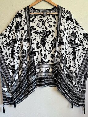 Vince Camuto Kimono Swim Coverup Boho Tassel Flowy Beach Black White Bird OS